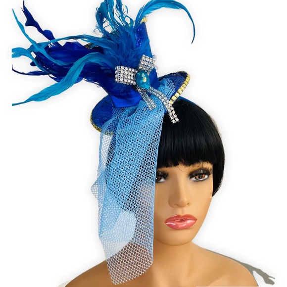 Blue Sparkle Mini Top Hat on Headband with Sequin Trim, Feathers and Netting - Picture 3 of 4